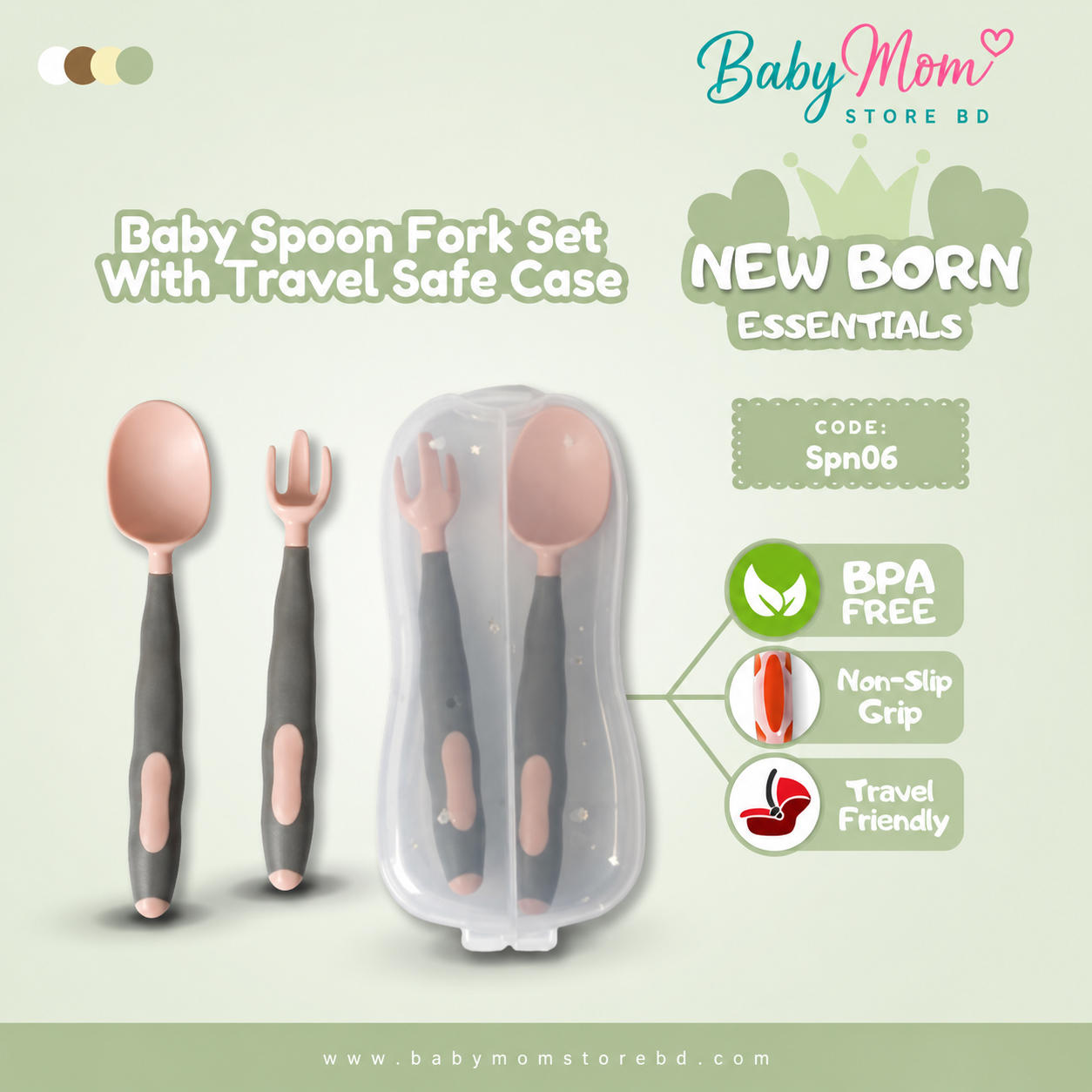 Baby Spoon & Fork Set with Travel Case (Grey & Peach Pink) | BPA Free Baby Feeding Set