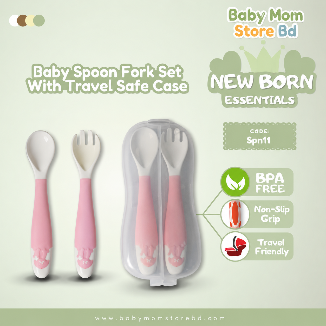 Baby Spoon & Fork Set with Travel Case (Pink + White) | BPA Free Baby Feeding Set