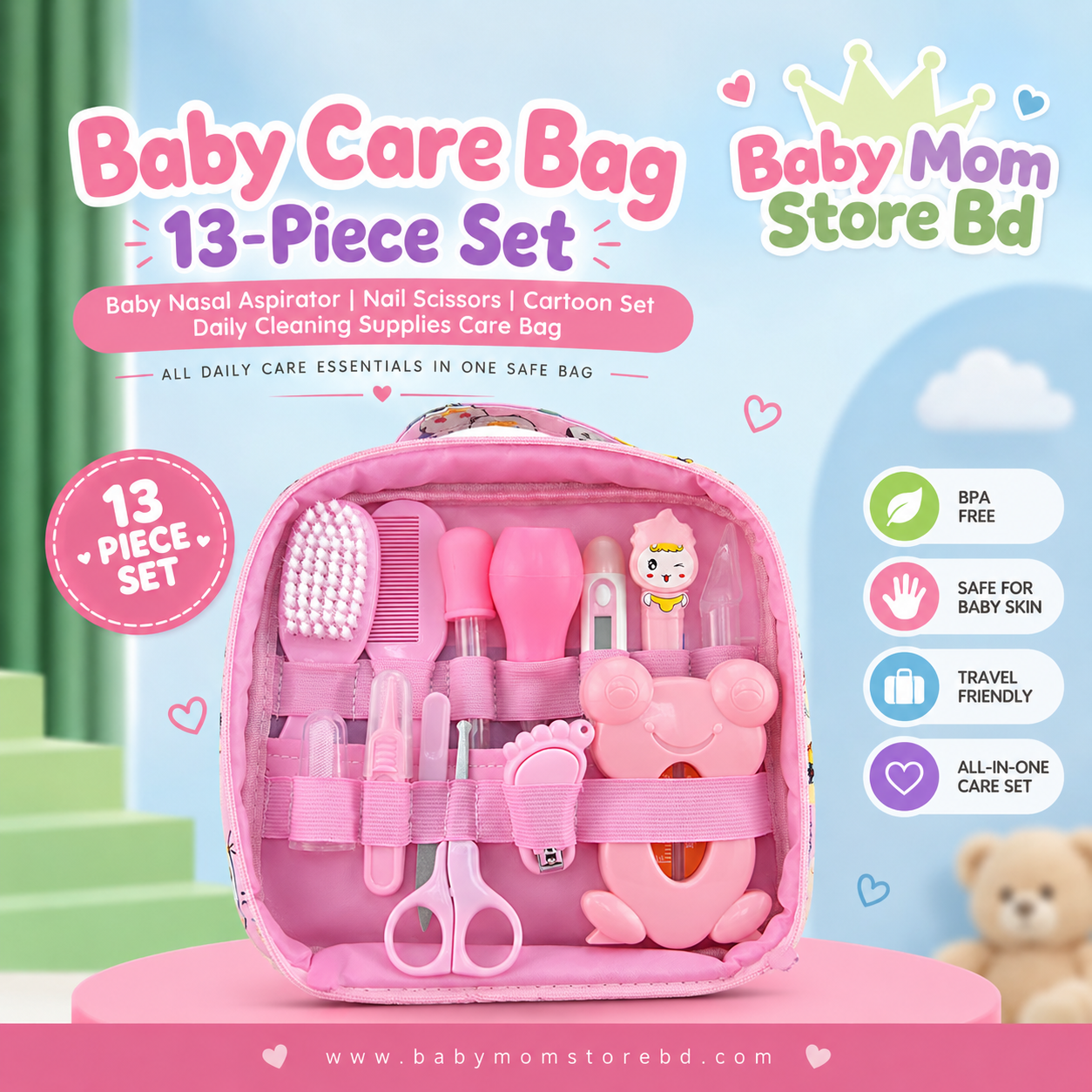 Baby Care Bag 13-Piece Grooming Kit (Pink) | Baby Healthcare Essentials | BabyMom Store BD