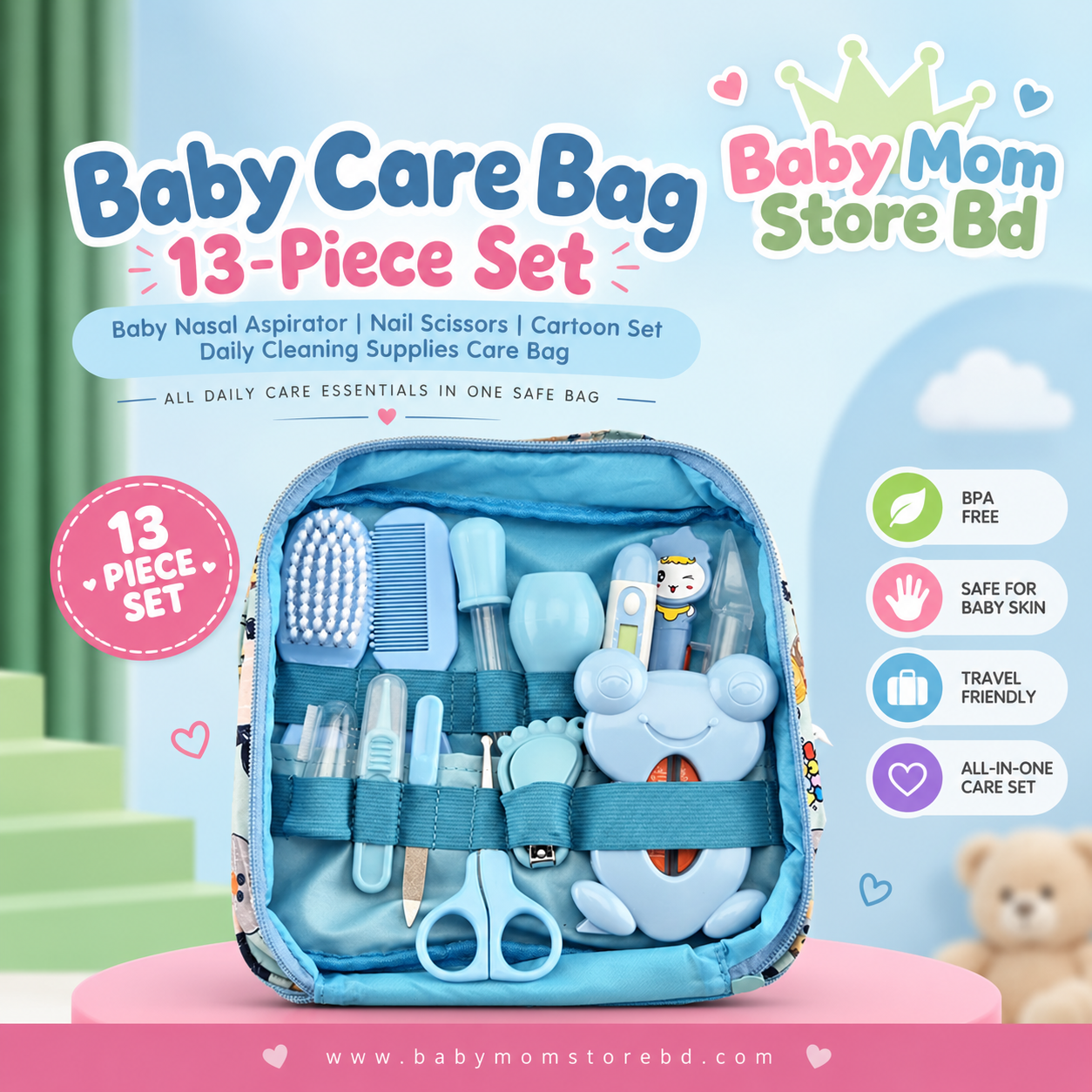 Baby Care Bag 13-Piece Grooming Kit (Blue) | Baby Healthcare Essentials | BabyMom Store BD