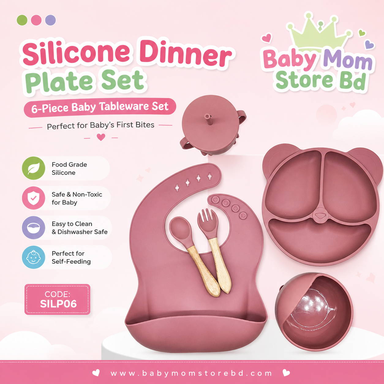 Silicone Dinner Plate Set 6-Piece (Pink) | BPA Free Baby Feeding Set | BabyMom Store BD