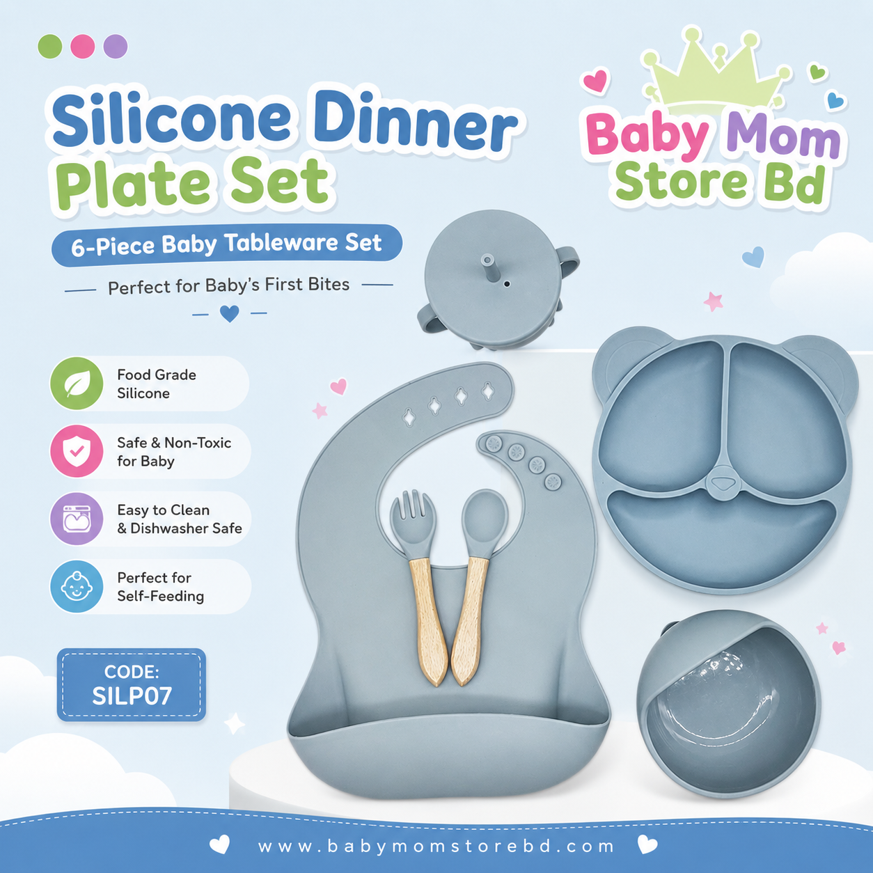 Silicone Dinner Plate Set 6-Piece (Blue) | BPA Free Baby Feeding Set | BabyMom Store BD