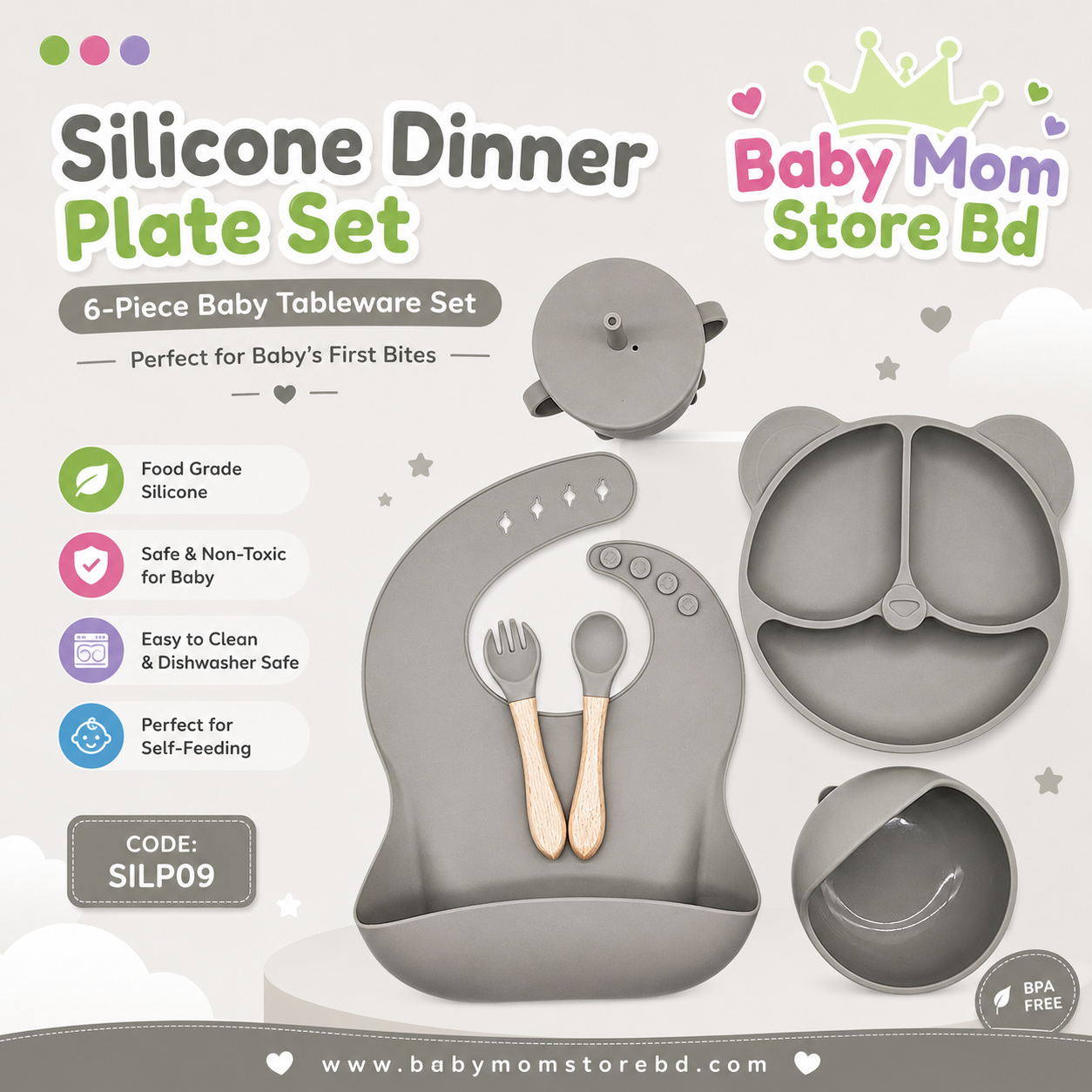 Silicone Dinner Plate Set 6-Piece (Grey) | BPA Free Baby Feeding Set | BabyMom Store BD