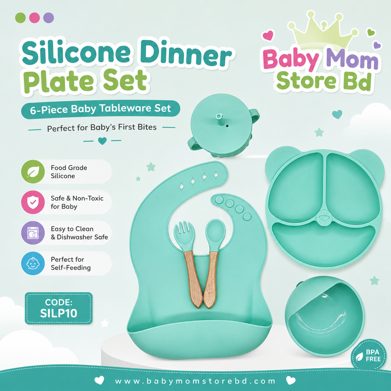 Silicone Dinner Plate Set 6-Piece (Mint Green) | BPA Free Baby Feeding Set | BabyMom Store BD