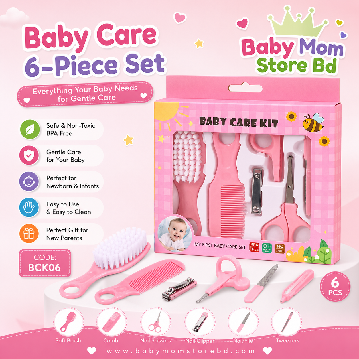 Baby Care Kit 6-Piece Set (Pink) | Baby Grooming Kit | BPA Free | BabyMom Store BD