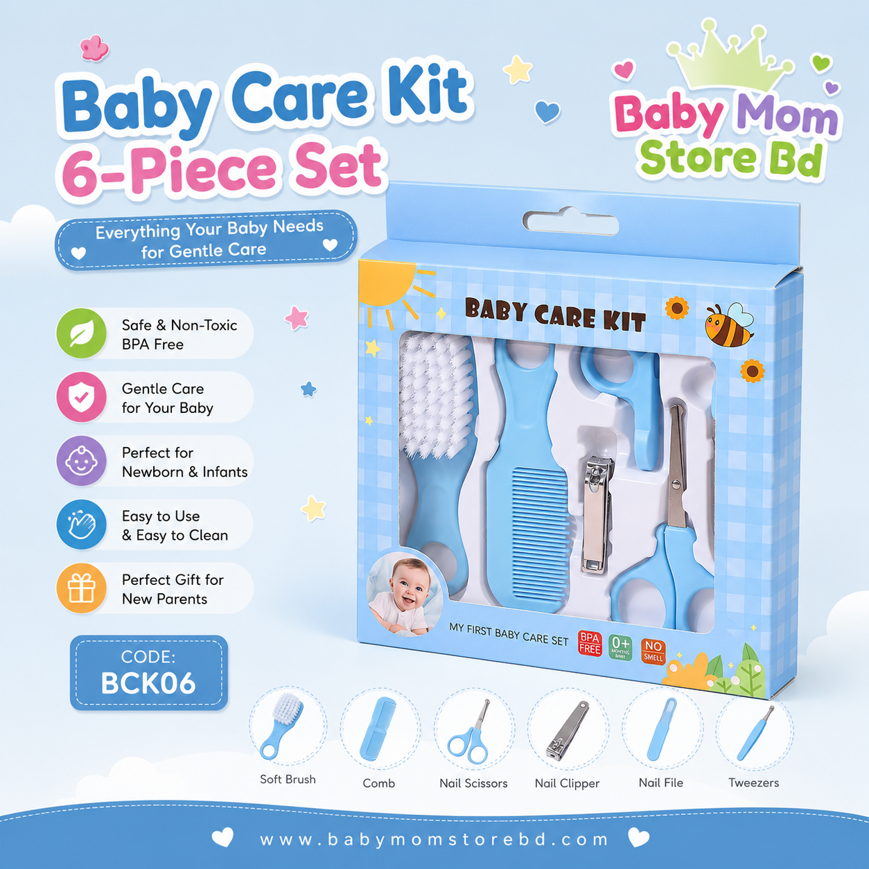 Baby Care Kit 6-Piece Set (Blue) | Baby Grooming Kit | BPA Free | BabyMom Store BD