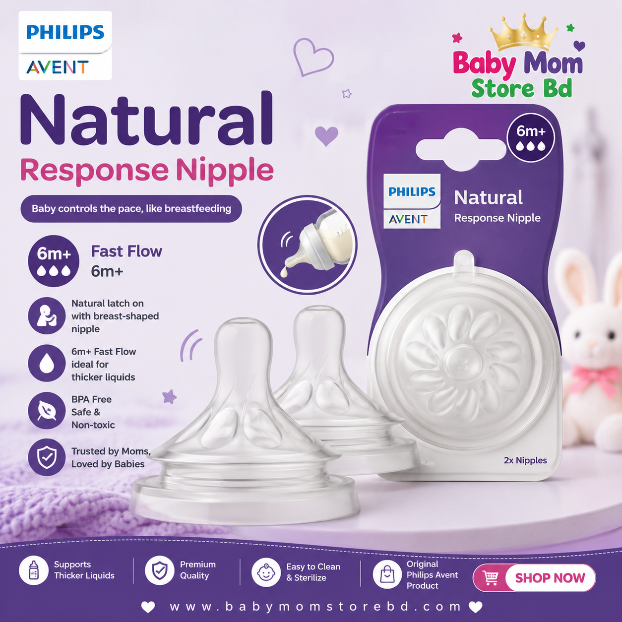 Philips Avent Natural Response Nipple Flow 4 (6M+) Fast Flow | Original Baby Bottle Nipple