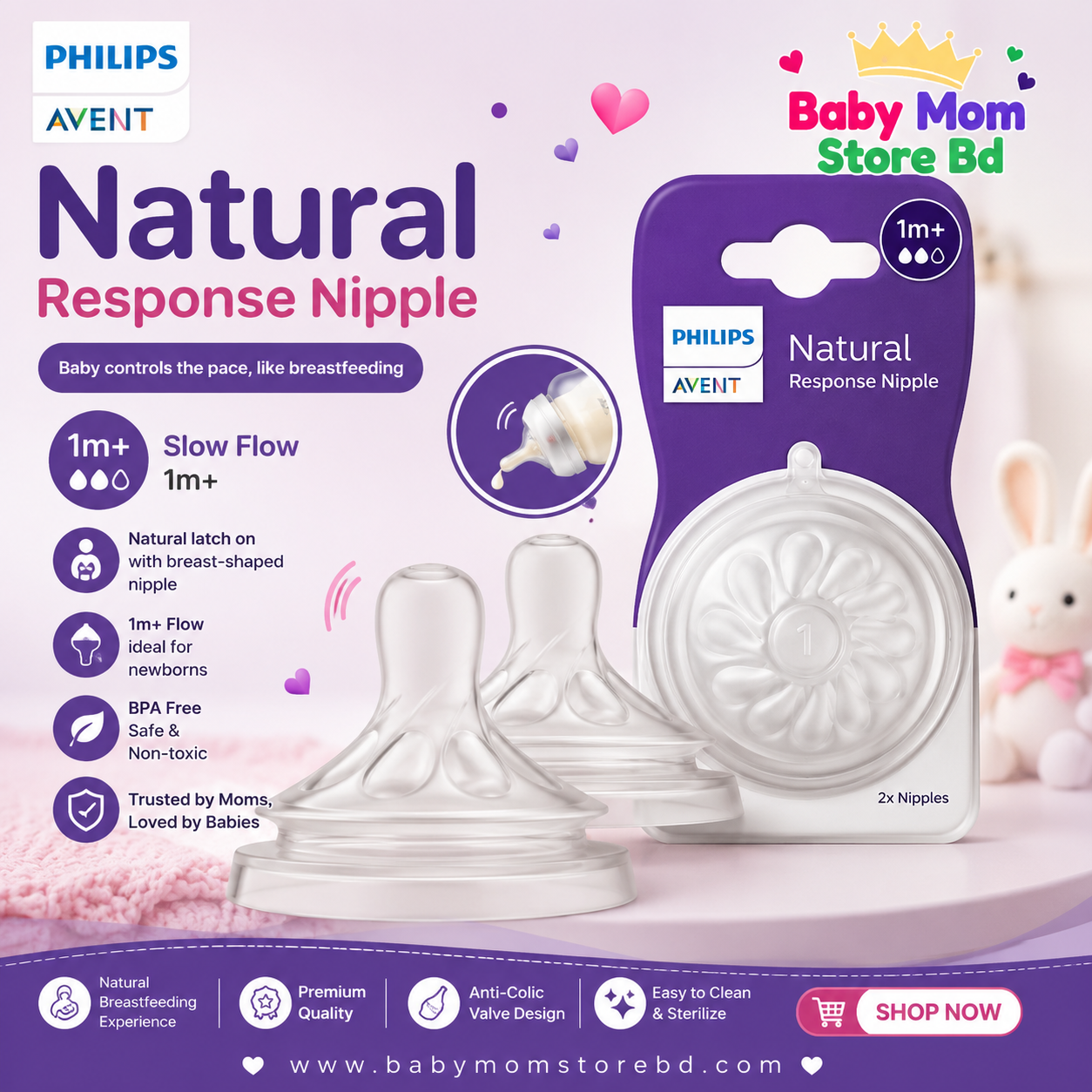 Philips Avent Natural Response Nipple Flow 2 (1M+) Slow Flow | BabyMom Store BD
