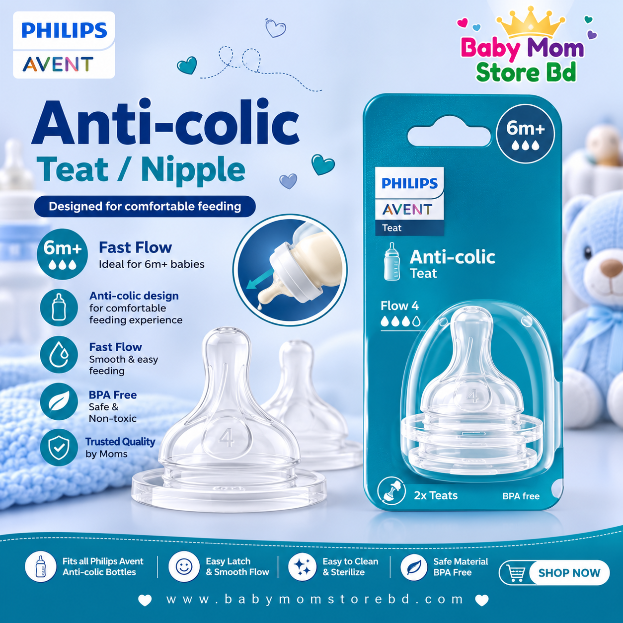 Philips Avent Anti-Colic Teat Flow 4 (6M+) Fast Flow | Original Bottle Nipple | BabyMom Store BD