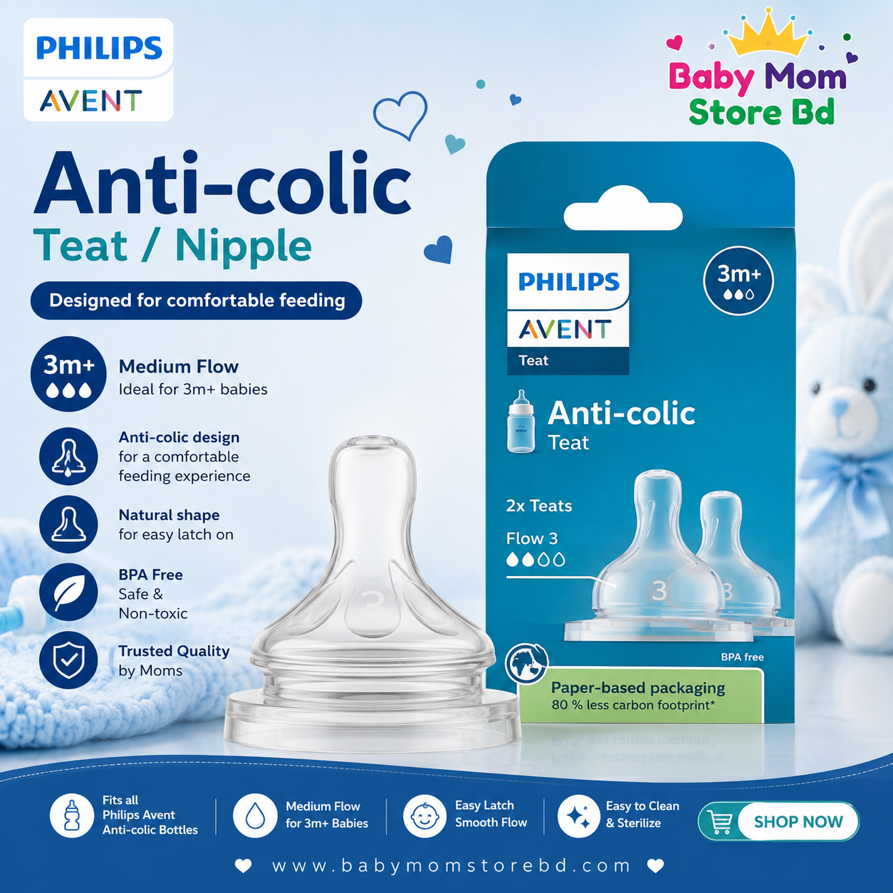 Philips Avent Anti-Colic Teat Flow 3 (3M+) Medium Flow | Original Nipple | BabyMom Store BD