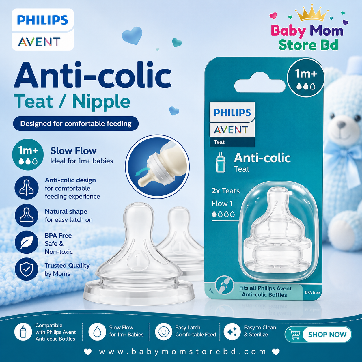 Philips Avent Anti-Colic Teat Flow 1 (1M+) Slow Flow | Original Baby Bottle Nipple | BabyMom Store BD