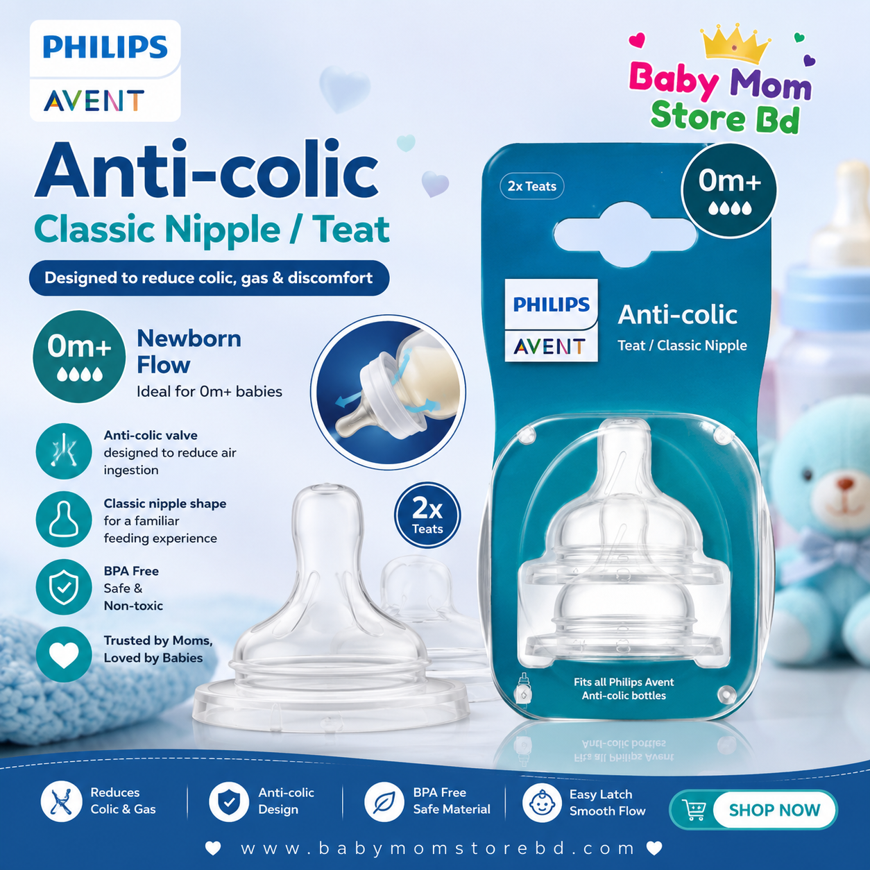 Philips Avent Anti-Colic Teat Flow (0M+) Slow Flow | Original Baby Bottle Nipple | BabyMom Store BD