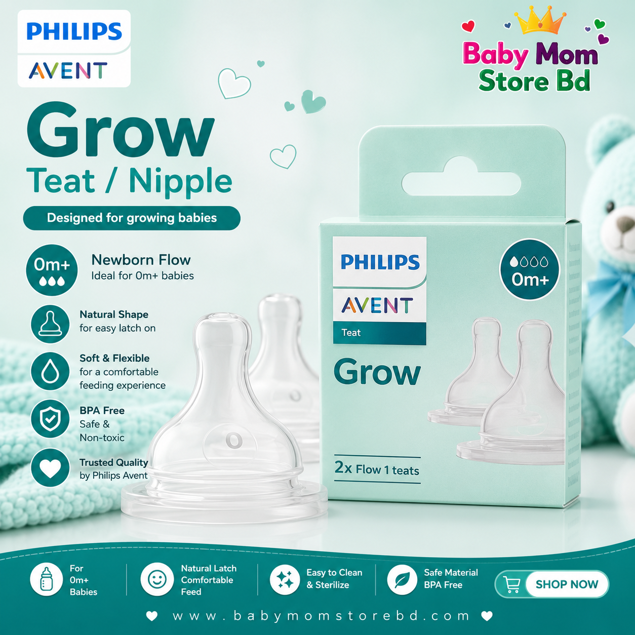 Philips Avent Grow Teat Flow 1 (0M+) Newborn Nipple | Original BPA Free | BabyMom Store BD