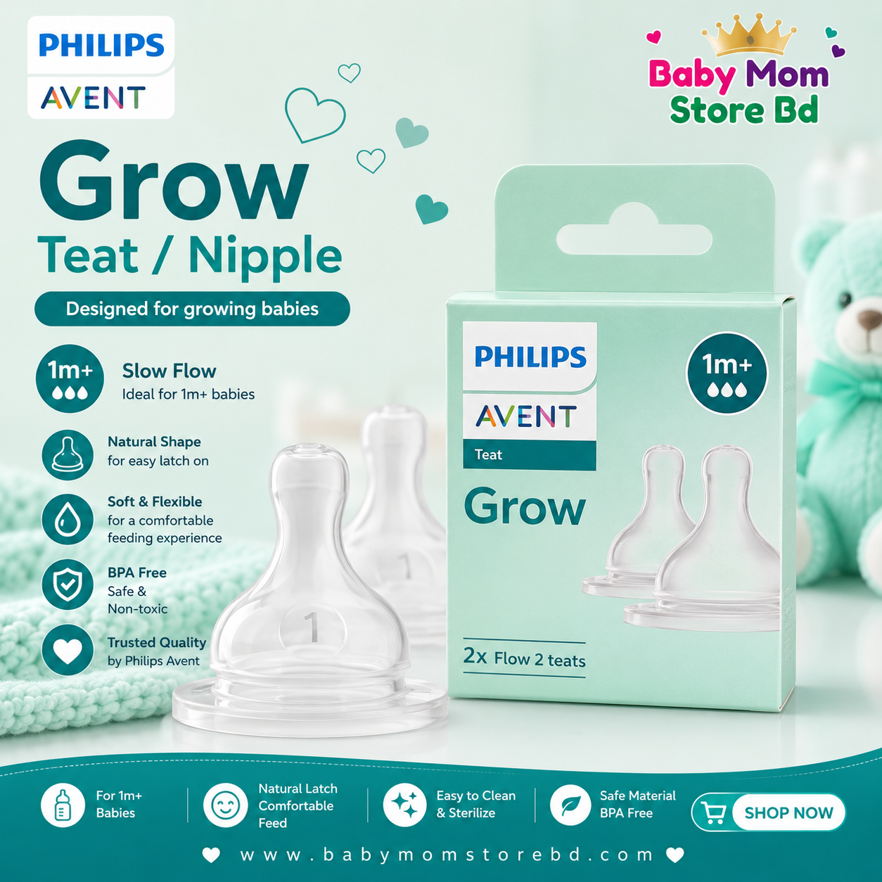 Philips Avent Grow Teat Flow 2 (1M+) Slow Flow | Original Baby Bottle Nipple