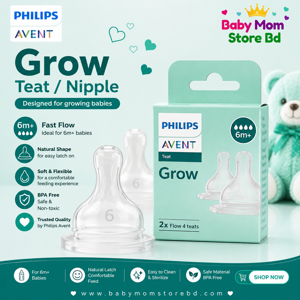 Philips Avent Grow Teat Flow 4 (6M+) Fast Flow | Original Philips Avent | BabyMom Store BD