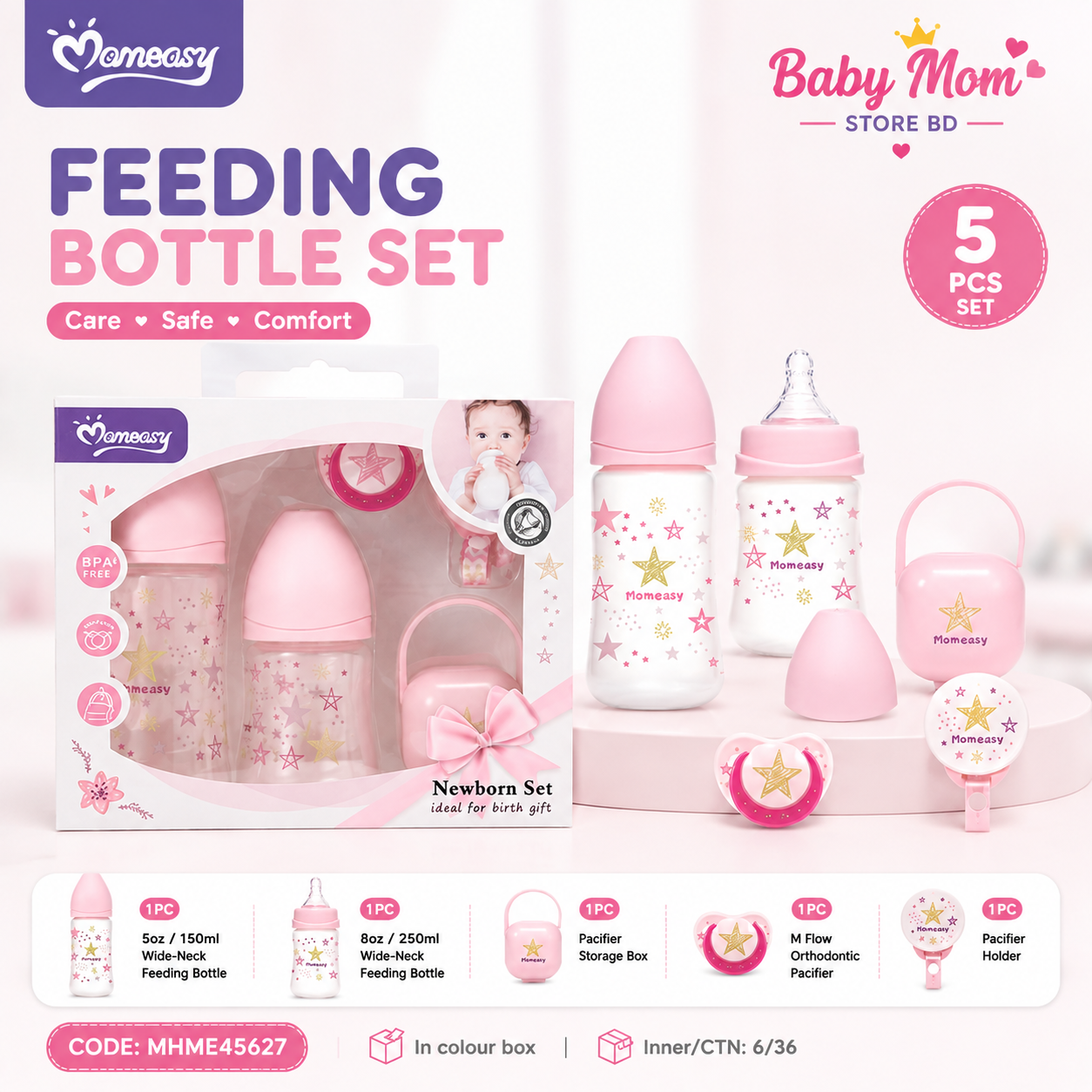 5 PCS Momeasy Newborn Feeding Bottle Set – Pink Edition