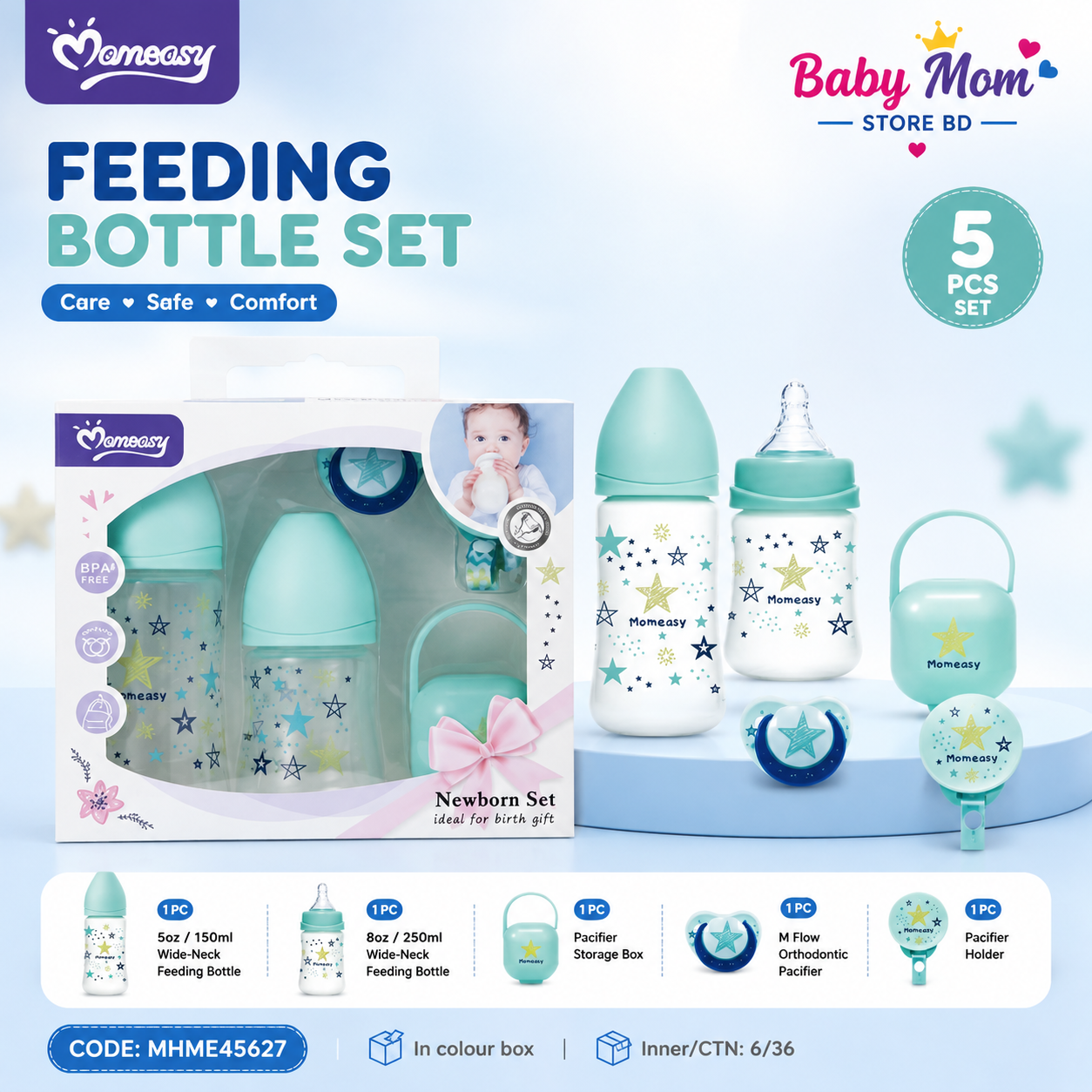 Momeasy 5 PCS Newborn Feeding Bottle Set – Mint Green Edition