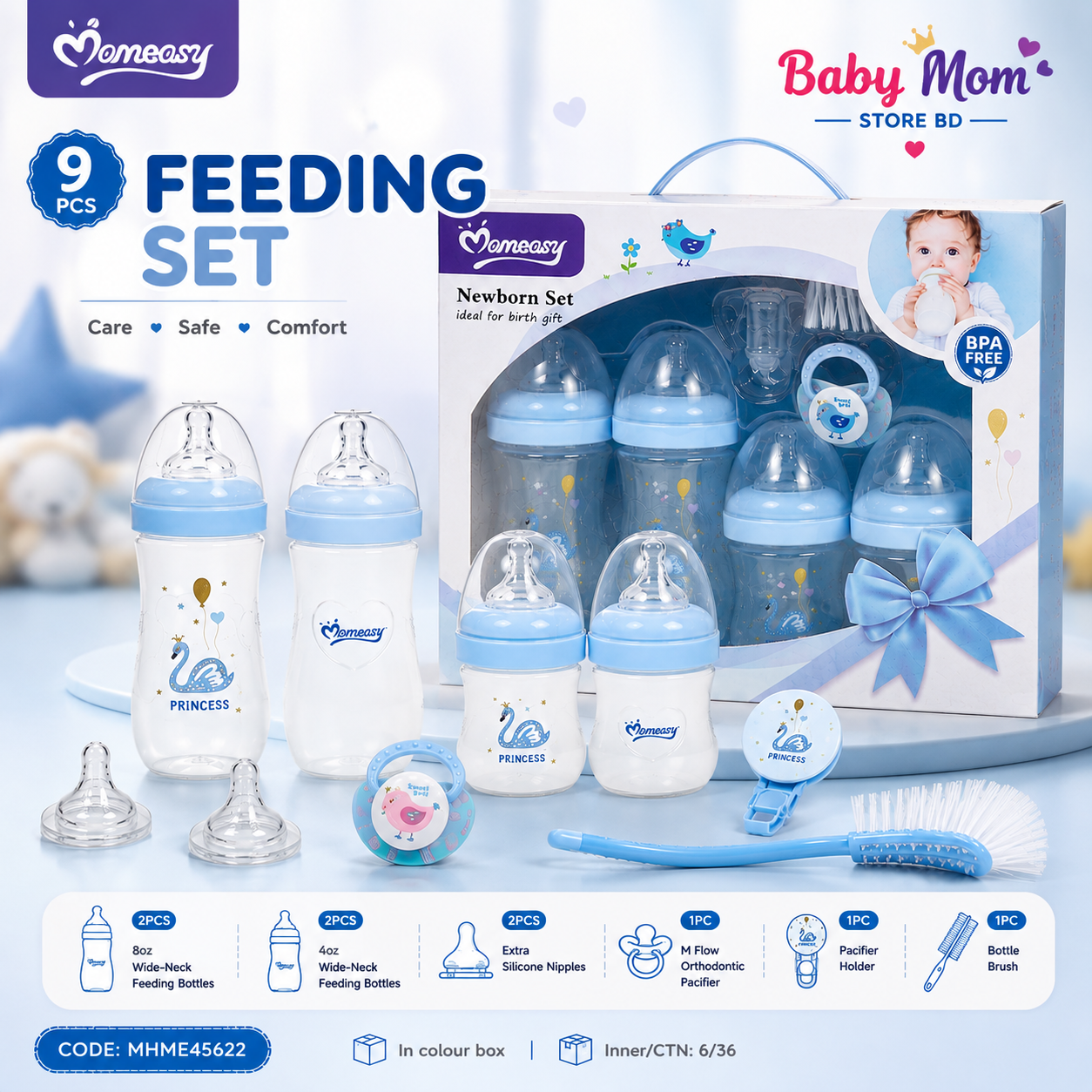 9 PCS Momeasy Feeding Bottle Set – Blue Edition