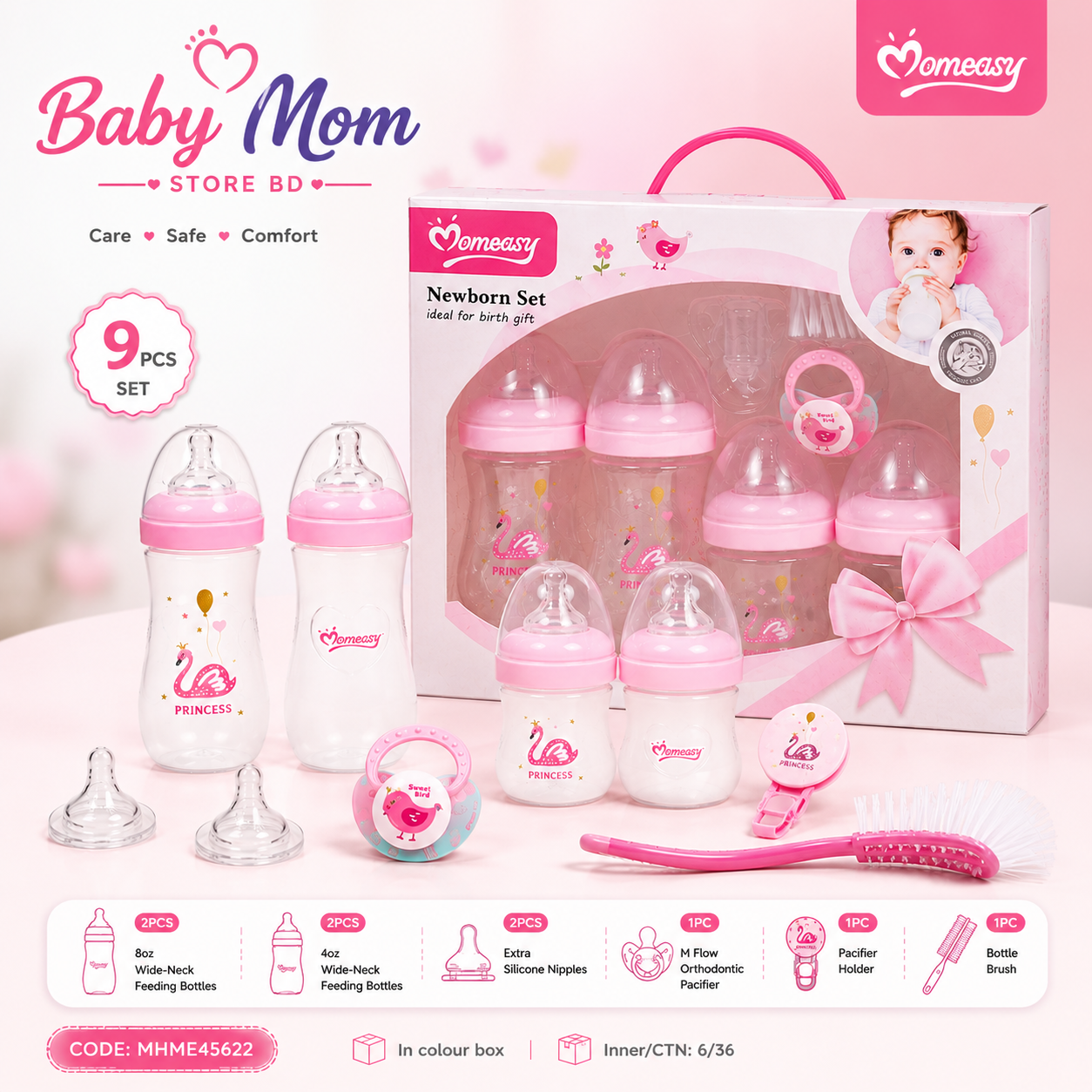 9 PCS Momeasy Feeding Bottle Set – Pink Edition
